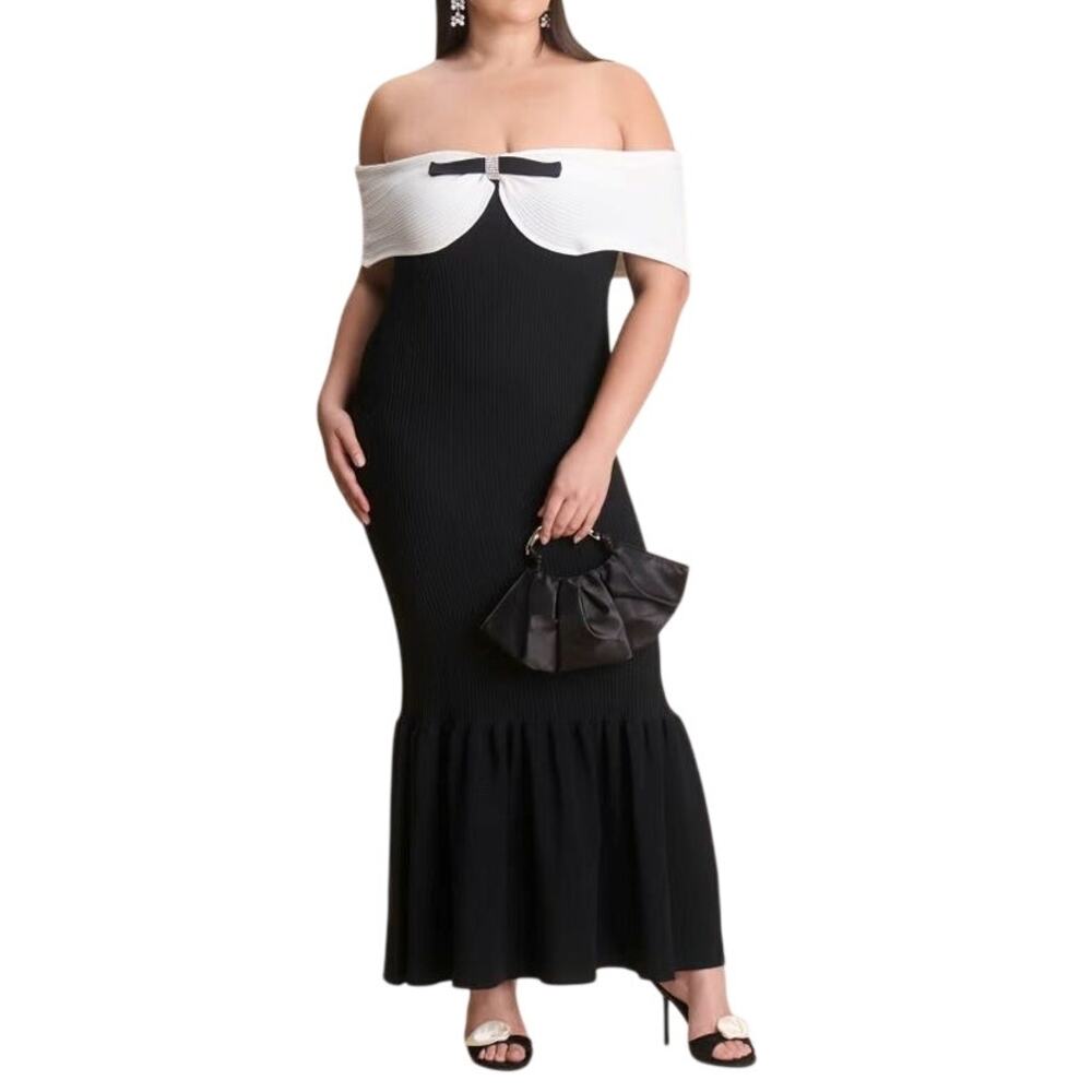Stretch Sweater-Knit Off-The-Shoulder Pull-on Midi Dress | Size 18/20